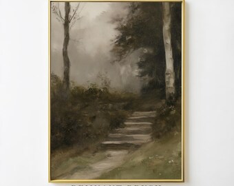 Nebliger Wald Schritte Landschaftsdruck | Vintage Wald Weg Wand Kunst druckbare Moody Natur Szene rustikale Dekor Digital Download