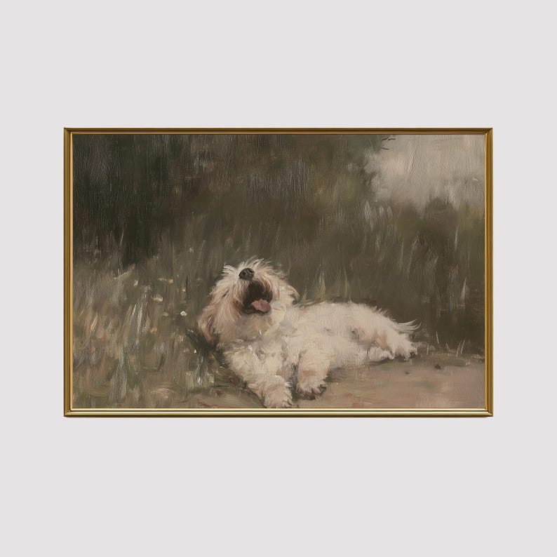 Vintage hund i fält konsttryck | Husdjursporträttmålning UTSKRIVBAR Beige väggkonst Cottagecore-dekor bondgårdstryck digital nedladdning bild 8