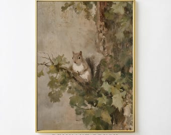 Vintage Squirrel Painting | Woodland Creature Print PRINTABLE Animal Wall Art Moody Nature Nursery Decor Digital Download