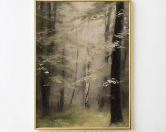 Nebliger Waldweg Kunstdruck | Vintage Waldlandschaft DRUCKBAR, Moody Natur Decor, Grün & Beige Wand Kunst Digitaler Download