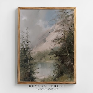 Vintage Misty Mountain Lake Painting | Alpine Landscape PRINTABLE Moody Forest Scene Wall Art Rustic Nature Decor Digital Download