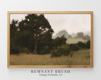 Mistig boslandschap AFDRUKBAAR | Vintage natuurmuurkunst, humeurige bosscène, rustiek landdecor, donkergroen digitale download