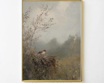 Rustic Bird Nest Painting | Vintage Nature Art PRINTABLE Woodland Wall Art Country Home Decor Moody Bird Print Digital Download