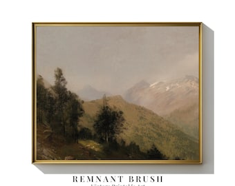 Vintage Mountain Forest Painting | Rustic Alpine Art Print PRINTABLE Cottagecore Decor Moody Landscape Digital Download