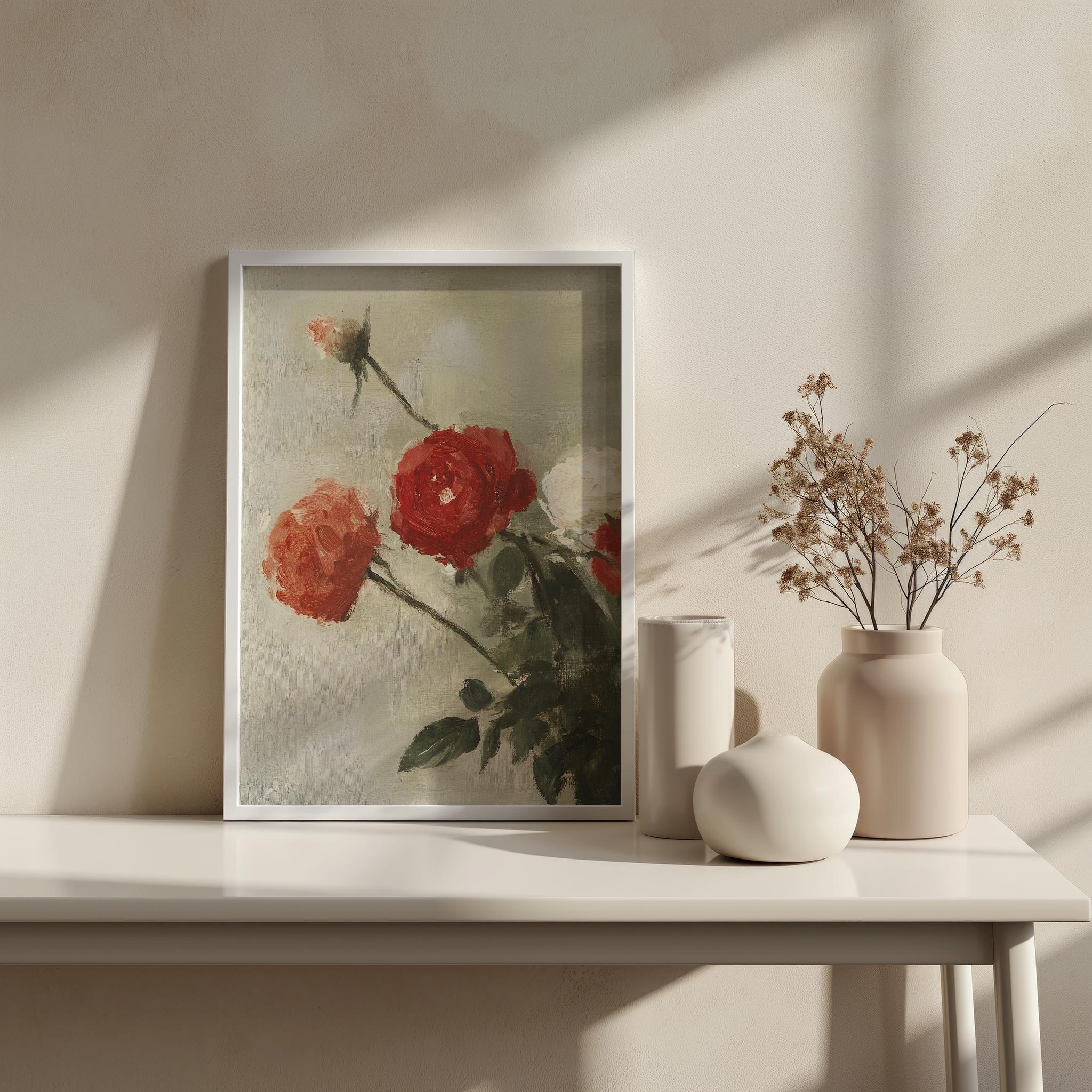 Vintage Red Roses Art Print | Floral Still Life Bouquet Painting ...