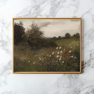May include: A framed landscape painting featuring a field of wildflowers and trees under a cloudy sky. The artwork has a gold frame and a vintage aesthetic. The color palette includes greens, browns, and whites.