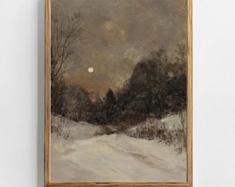 Maanverlichte winterbos kunstafdruk | Vintage besneeuwde landschap AFDRUKBARE humeurig muurkunst rustiek decor nacht schilderij digitale download