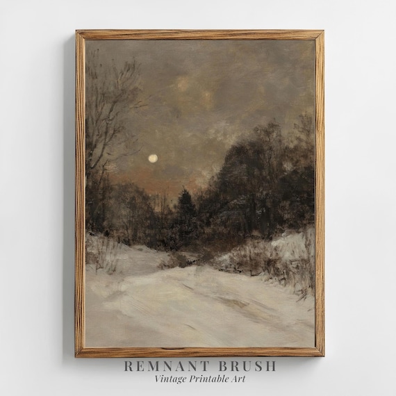 Moonlit Winter Forest Art Print | Vintage Snowy Landscape PRINTABLE Moody Wall Art Rustic Decor Night Painting Digital Download