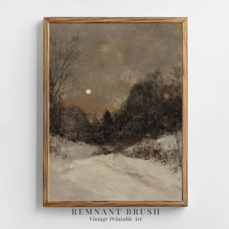 May include: A vintage painting of a snowy landscape with a full moon in the sky. The painting is framed in a brown wooden frame.