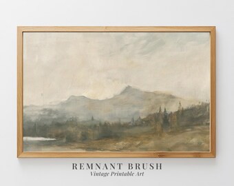 Paesaggio montano vintage STAMPABILE Moody Riverbank Wall Art Pittura a olio antica Decorazione naturale DIGITALE Scarica opera d'arte