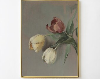 May include: A vintage painting of a bouquet of tulips in shades of yellow, white, and pink. The flowers are arranged in a loose, natural style, and the background is a soft, muted gray.