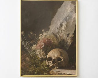 Vanitas Still Life with Skull | Dark Academia PRINTABLE Vintage Gothic Art Moody Floral Decor Digital Download Memento Mori