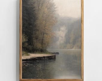 Quiet Lakeside Dock Art Print | Moody Vintage Landscape Printable, Forest Lake Scene Wall Art Rustic Cottagecore Decor Download