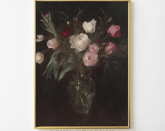 Dark Floral Still Life PRINTABLE | Vintage Moody Flower Painting, Victorian Wall Art, Romantic Gothic Decor, Digital Download Artwork