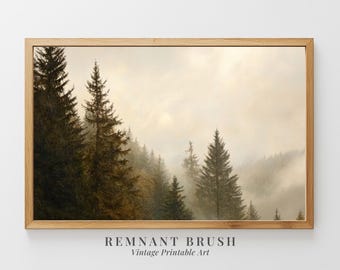 Vintage Misty Pine Forest Art Print | Moody Landscape PRINTABLE Nature Wall Art Rustic Woodland Painting Cottagecore Decor Digital Download