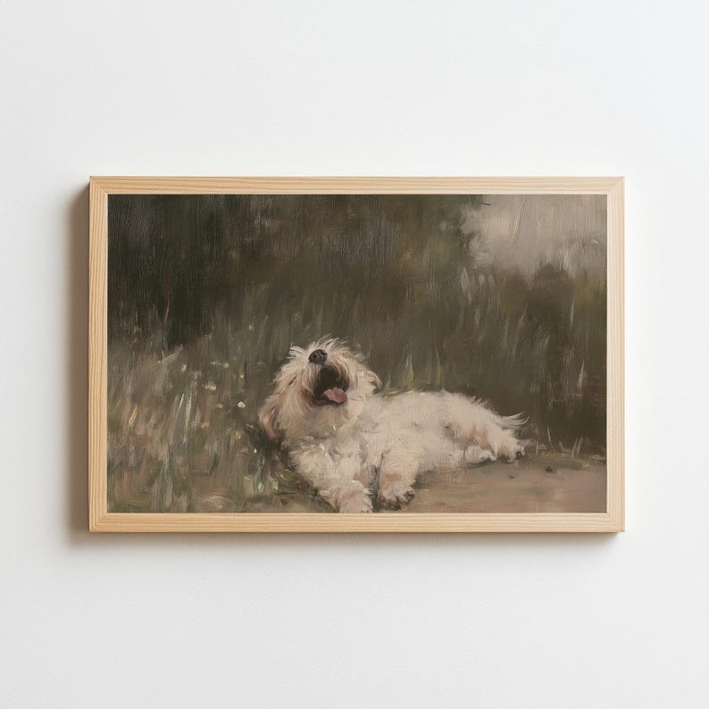 Vintage hund i fält konsttryck | Husdjursporträttmålning UTSKRIVBAR Beige väggkonst Cottagecore-dekor bondgårdstryck digital nedladdning bild 4