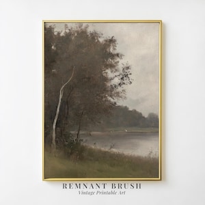 Still Lake with Woodland Trees | Vintage Landscape Printable Art, Moody Nature Painting, Rustic Wall Decor, Digital Download