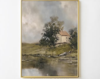Stuga vid sjön konsttryck | Vintage landskapsmålning utskrivbar stämningsfull väggkonst rustik bondgård naturdekor digital nedladdning