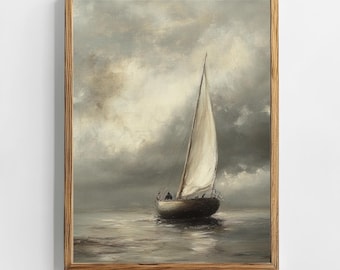 Stampa artistica di paesaggio marino di barca a vela d'epoca / Paesaggio marino suggestivo STAMPABILE Arte murale digitale da scaricare Scena nautica Decorazione costiera Opera d'arte