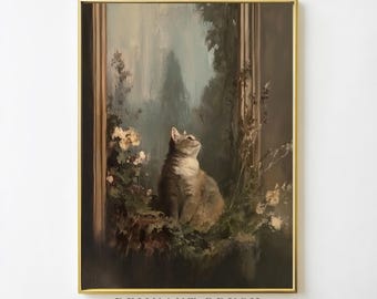 May include: A framed vintage print featuring a cat gazing upwards. The artwork has a gold frame and depicts a tabby cat amidst foliage and flowers. The text "REMNANT BRUSH Vintage Printable Art" is at the bottom.