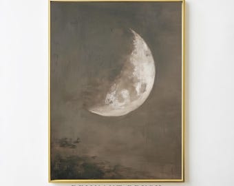 May include: A framed vintage print featuring a detailed depiction of a crescent moon against a muted, earthy-toned background. The artwork is enclosed in a gold frame, with the text "REMNANT BRUSH Vintage Printable Art" at the bottom.