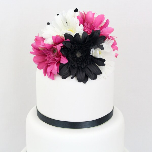 Wedding Cake Topper - Black, Fuchsia and White Gerbera Daisy