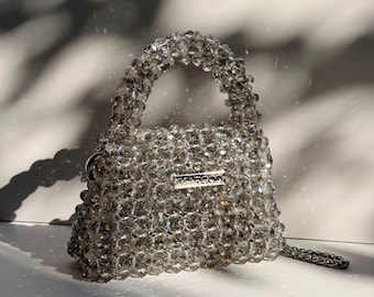 Handmade Crystal Mini Bag | Beaded Top Handle Purse, Chain Strap, Evening Bridal Handbag