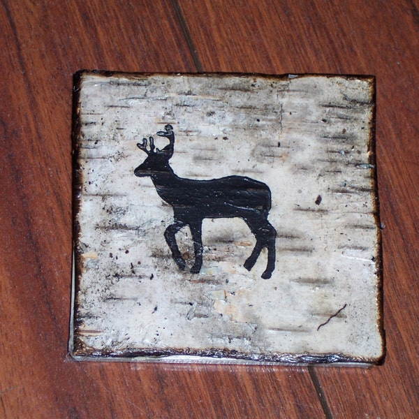 white new england birch bark wall home decor with deer painted on it, natural birch found in NH