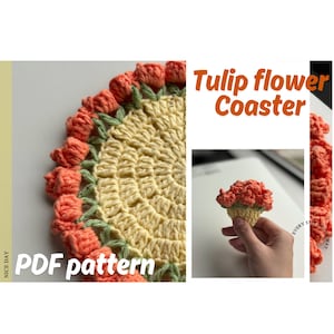 Op de afbeelding: Een gehaakte tulp bloemenonderzetter met een gele kern en oranje bloemblaadjes. De onderzetter heeft groene bladeren en de tekst "Tulip flower Coaster" en "PDF pattern".