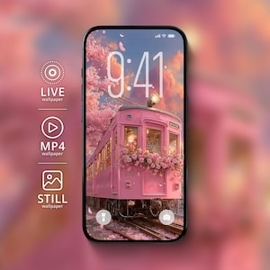 May include: A smartphone displays a pink train wallpaper with cherry blossoms and a sunset sky. The time 9:41 is visible. Icons for live, MP4, and still wallpapers are on the left. The phone has a black frame.