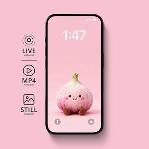 May include: A smartphone displays a pink wallpaper featuring a smiling garlic bulb with brown feet. The time 1:47 is shown in white. The phone is surrounded by icons for live, MP4, and still wallpapers.