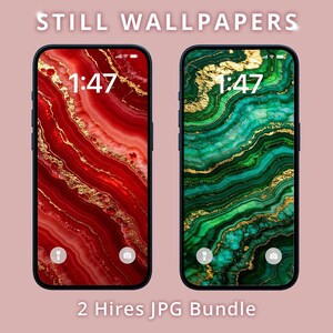 May include: Two smartphones displaying digital wallpapers with a marbled texture. The left screen features red and gold swirls, while the right screen shows green and gold patterns. Both screens display the time 1:47 and the text STILL WALLPAPERS.