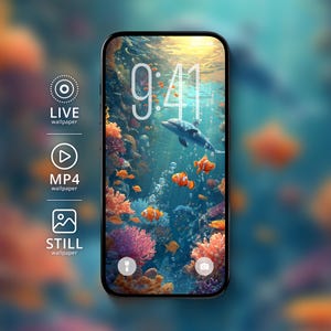 May include: A smartphone displays an underwater scene with a dolphin, clownfish, and coral. The time 9:41 is shown on the screen. Icons indicate options for live, MP4, and still wallpapers.