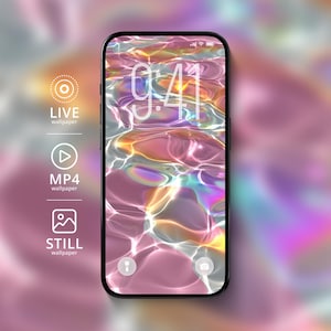 Puede incluir: Un smartphone con marco negro muestra un fondo de pantalla brillante, similar al agua, en tonos rosados, amarillos y azules. La hora, 9:41, se muestra en blanco. Los iconos de la izquierda indican opciones de fondo de pantalla en vivo, MP4 y estático.