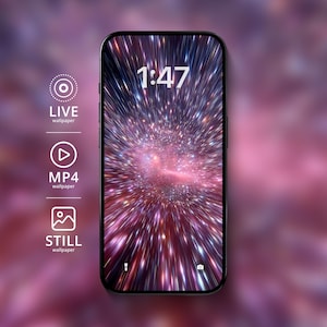 Peut inclure: Un smartphone affiche un fond d'écran abstrait et vibrant avec une explosion centrale de lumière et de couleur, ressemblant à un événement cosmique. L'heure 1:47 est affichée en haut. Des icônes indiquent les options de fond d'écran animé, MP4 et fixe.