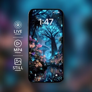 May include: A smartphone displays a vibrant, fantasy-themed wallpaper featuring a luminous forest scene with a river. The time 1:47 is visible at the top. Icons for live, MP4, and still wallpapers are on the left.