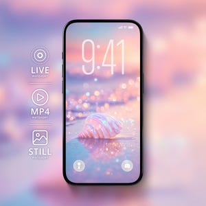 May include: A smartphone displays a beach-themed wallpaper with a seashell on the shore. The screen shows the time 9:41 in white font. The phone has a black frame and icons for live, MP4, and still wallpapers.