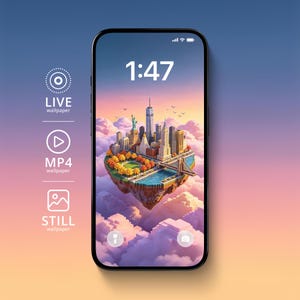 May include: A smartphone displaying a digital wallpaper of a voxel-style floating island city with skyscrapers, a bridge, and a park. The screen shows the time 1:47 and icons for live, MP4, and still wallpaper formats on the left side of the device.