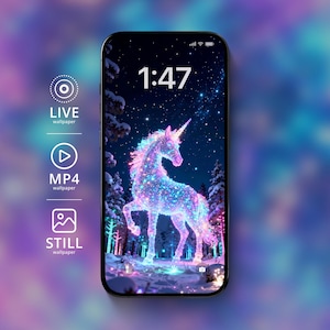 Puede incluir: Smartphone que muestra un fondo de pantalla digital de un unicornio brillante en un bosque nevado bajo un cielo estrellado. La hora 1:47 se muestra en la parte superior. Iconos para fondos de pantalla en vivo, MP4 y estáticos a la izquierda.