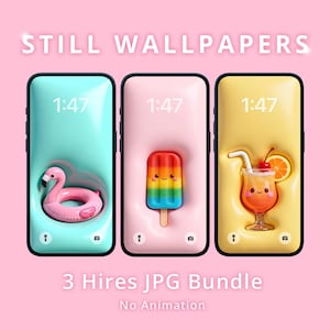 May include: Three smartphone screens displaying colorful wallpapers. One shows a pink flamingo float, another a rainbow popsicle, and the third a cocktail with a cherry and orange slice. The text reads "STILL WALLPAPERS" and "3 Hires JPG Bundle".