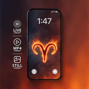Könnte beinhalten: Ein Smartphone zeigt ein Hintergrundbild mit dem Sternzeichen Widder. Das feurige orangefarbene Symbol ist vor einem dunklen, rauchigen Hintergrund platziert. Die Uhrzeit 1:47 wird oben angezeigt. Der Bildschirm bietet Optionen für Live-, MP4- und Standbilder.