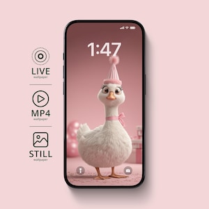 May include: A smartphone displays a whimsical wallpaper of a cartoon goose wearing a pink party hat and bow. The time 1:47 is displayed at the top. The phone's screen is surrounded by icons for live, MP4, and still wallpapers.