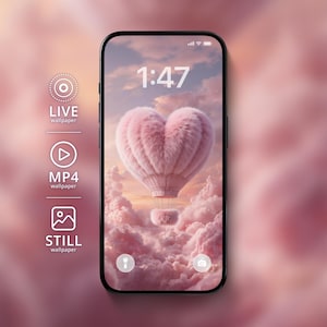 Coquette Hot Air Balloon Live Wallpaper | iPhone Android Animated Wallpaper | Valentine Pink Heart Background | Digital Download Love Gift