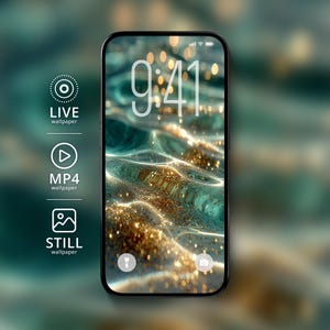 Puede incluir: Un smartphone muestra un fondo de pantalla abstracto y brillante con tonos turquesa y dorado. La hora 9:41 se muestra en la pantalla. Los iconos indican opciones para fondos de pantalla en vivo, MP4 y estáticos. El teléfono tiene un marco negro.