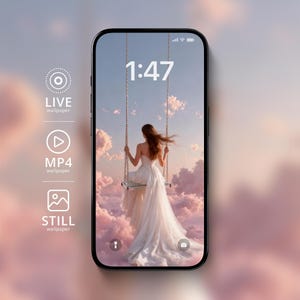 Pode incluir: Tela de smartphone exibindo um papel de parede sonhador de uma mulher em um balanço em meio a nuvens fofas. O horário 1:47 é exibido na tela. O telefone tem uma borda preta. Opções para papéis de parede ao vivo, MP4 e estáticos.