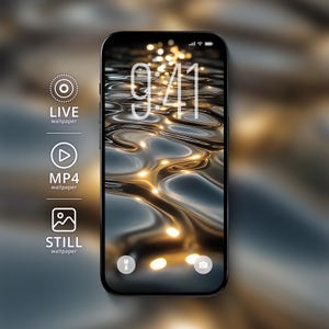 Może przedstawiać: Czarny smartfon wyświetla tapetę przypominającą wodę ze złotymi refleksami i godziną 9:41. Ekran wyświetla ikony dla tapet na żywo, MP4 i statycznych. Telefon ma elegancki design.