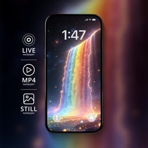 Może przedstawiać: Smartfon wyświetla żywą tapetę z tęczowym wodospadem na tle gwiaździstego nieba. Wyświetlana jest godzina 1:47. Ikony wskazują opcje tapety na żywo, MP4 i statycznej.