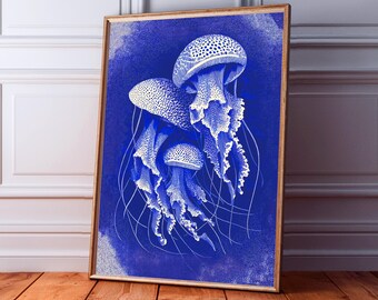 Impressão artística de água-viva, arte de parede marinha azul, obra de arte fantástica do oceano, decoração costeira para banheiro ou quarto, presente com tema de vida marinha.
