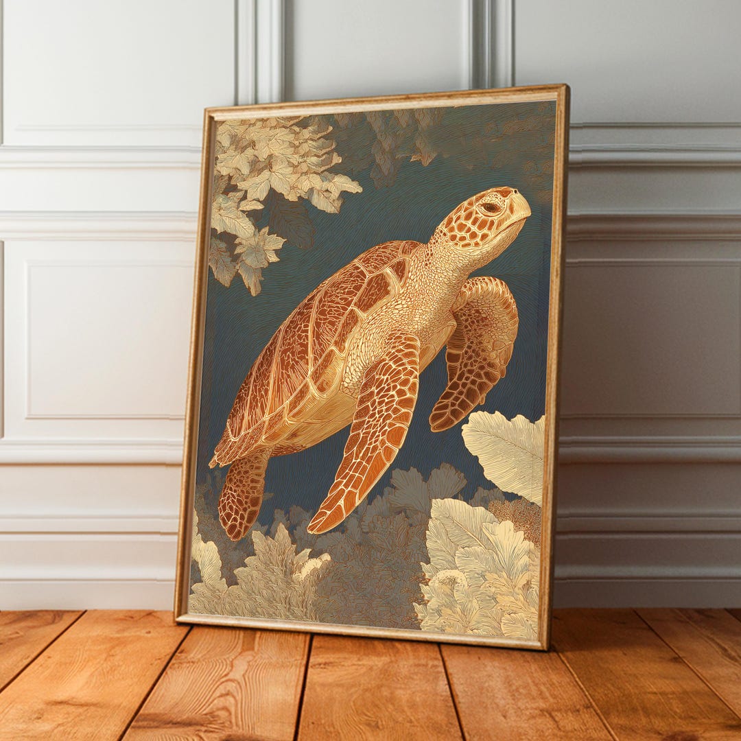 golden-hawksbill-sea-turtle-art-print-ocean-coral-reef-decor-etsy
