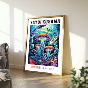 Yayoi Kusama inspirierter Unterwasser-Pilzwald, psychedelische Boho-Wandkunst, Vintage japanischer Holzschnitt, Zen-Spa-Dekor